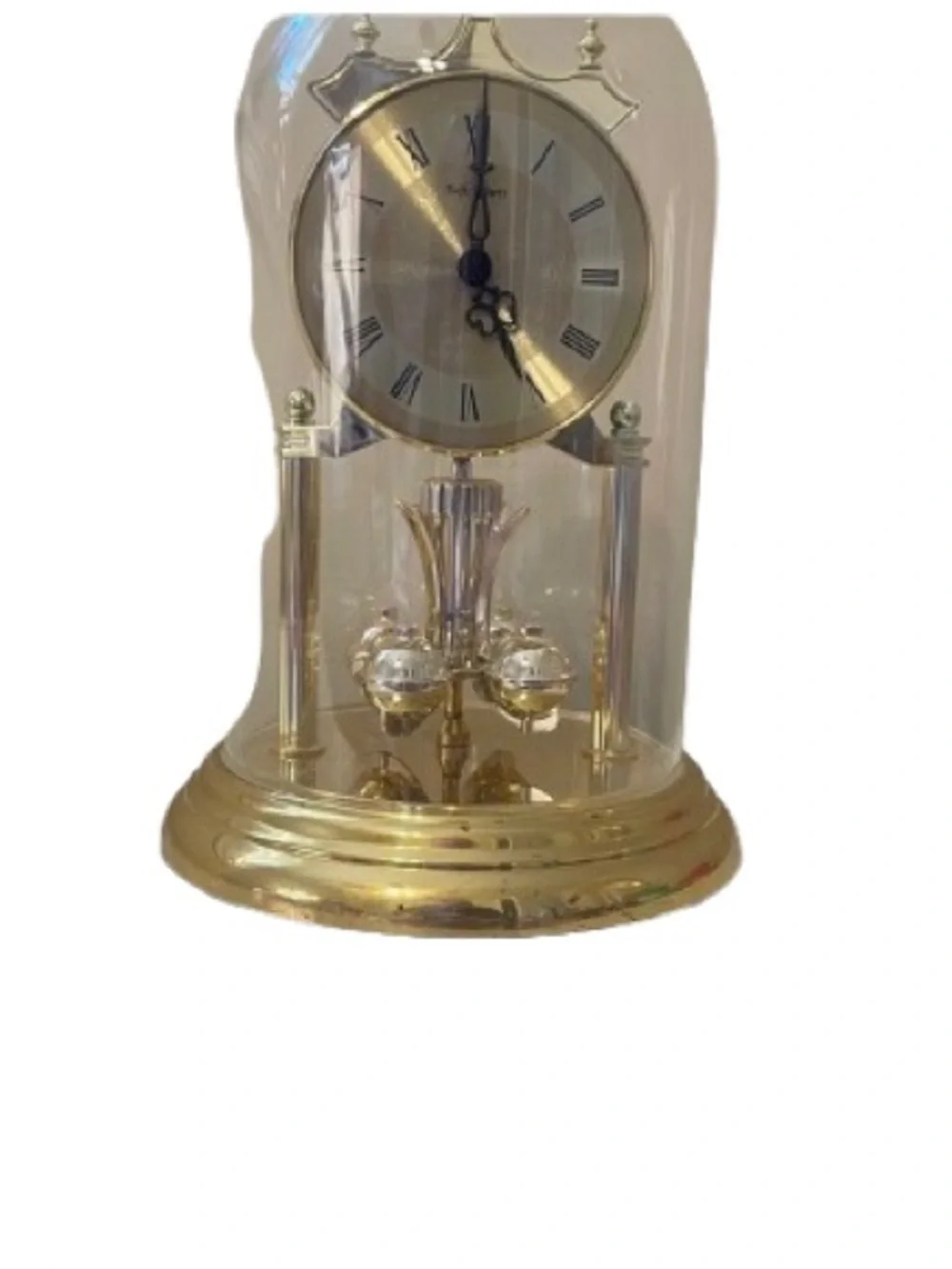 Vtg MCM Rolfe Roberts German Anniversary Clock, Rotating Pendulum,Gold Tone